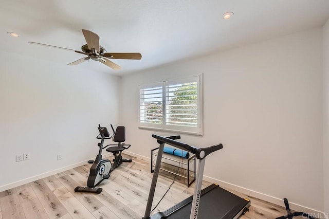 exercise area with ceiling fan and light hardwood / wood-style flooring