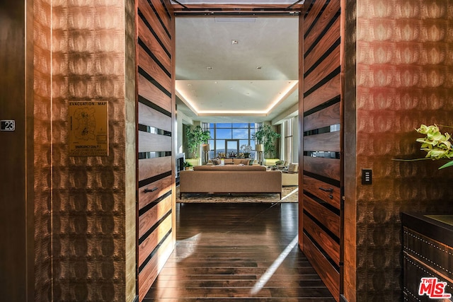 hallway with dark hardwood / wood-style floors and wood walls