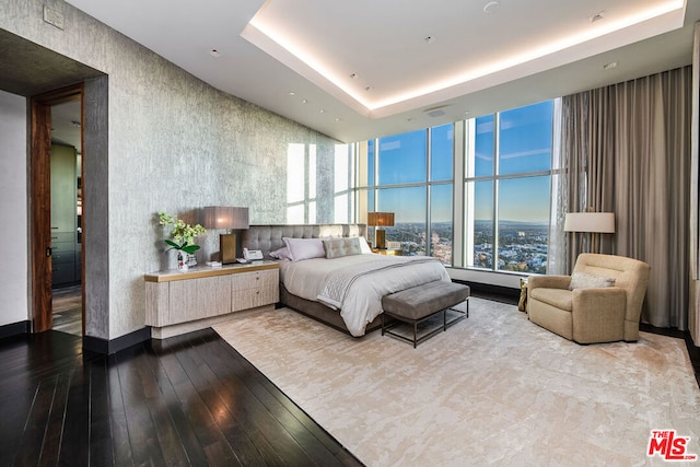 bedroom with a tray ceiling and light hardwood / wood-style flooring