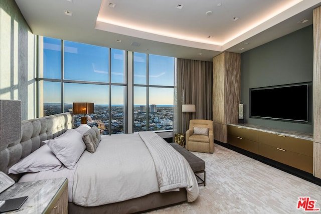 bedroom featuring a tray ceiling and a wall of windows