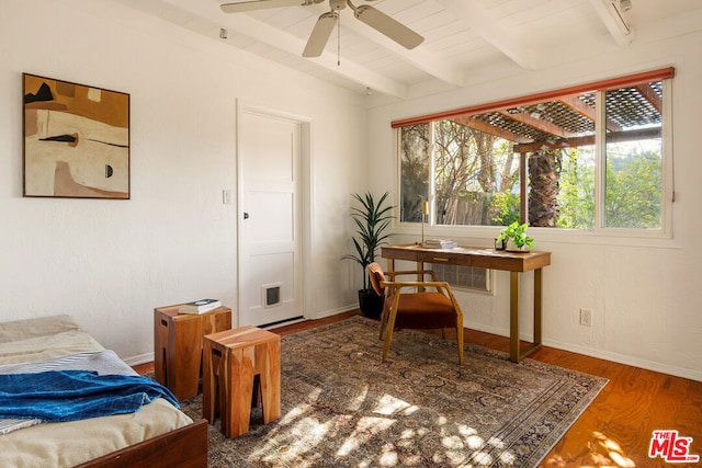 bedroom featuring wood ceiling, wood-type flooring, and beamed ceiling