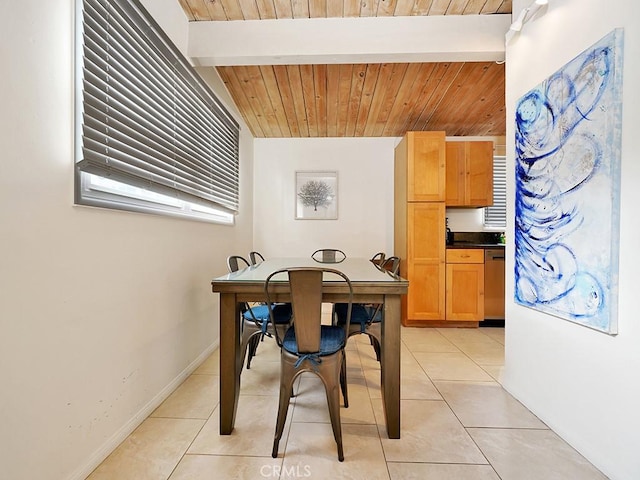 dining area with wooden ceiling, light tile patterned flooring, and beam ceiling