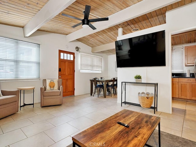 living room with ceiling fan, light tile patterned floors, wood ceiling, and vaulted ceiling with beams