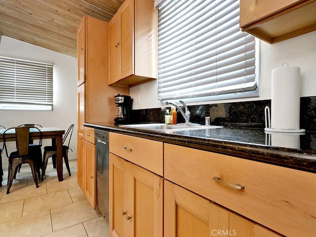 kitchen featuring vaulted ceiling, sink, light tile patterned floors, dark stone counters, and wooden ceiling