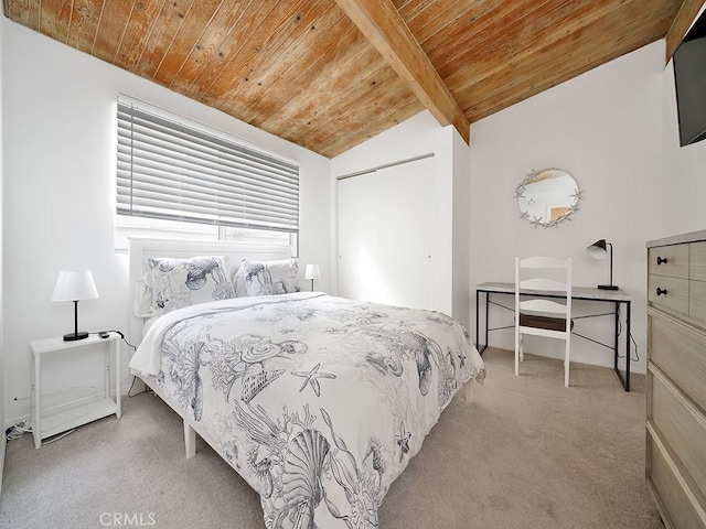 bedroom with light carpet, wood ceiling, and vaulted ceiling with beams