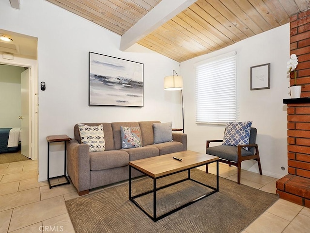 living room with a brick fireplace, wooden ceiling, beam ceiling, and light tile patterned flooring