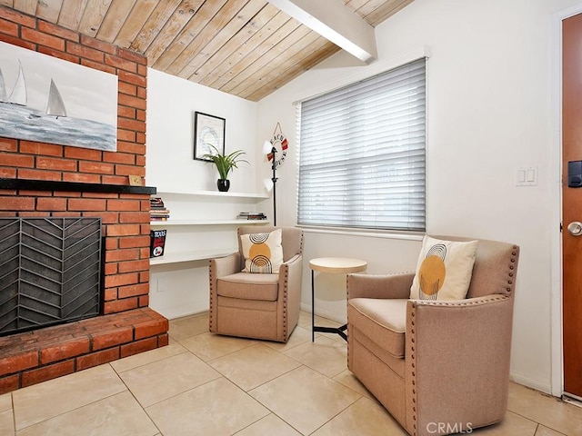 living area with wooden ceiling, light tile patterned floors, and a fireplace