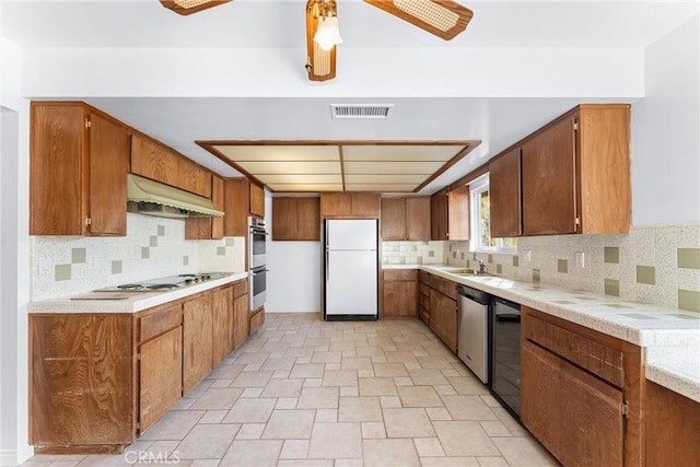 kitchen featuring stainless steel appliances, sink, decorative backsplash, and custom range hood