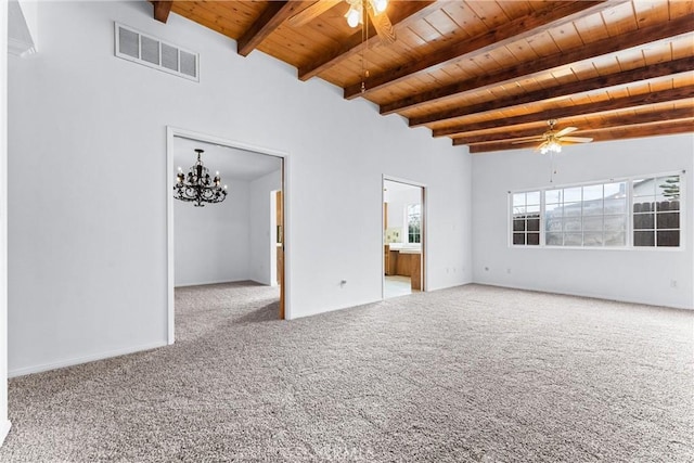 carpeted spare room with wood ceiling, ceiling fan with notable chandelier, and beamed ceiling