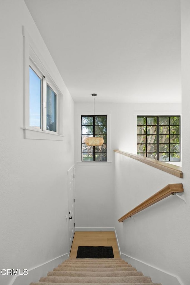 stairway with baseboards and wood finished floors