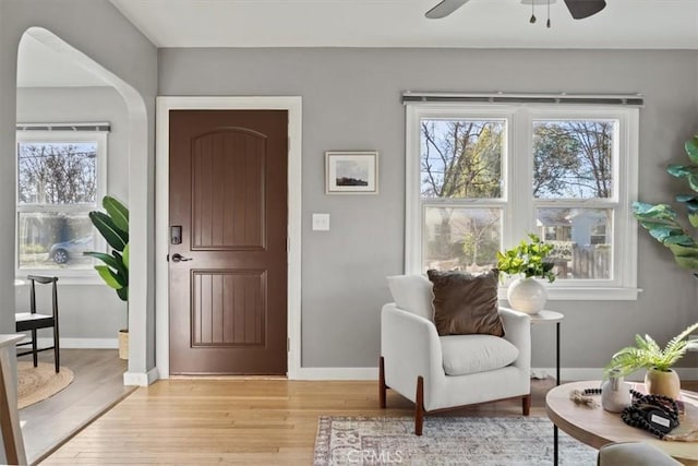 sitting room with ceiling fan, a wealth of natural light, and light hardwood / wood-style floors