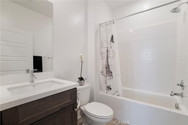 full bathroom with toilet, vanity, and shower / bathtub combination with curtain