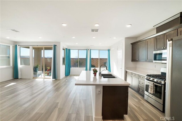 kitchen with stainless steel appliances, light hardwood / wood-style floors, sink, a kitchen island with sink, and dark brown cabinets