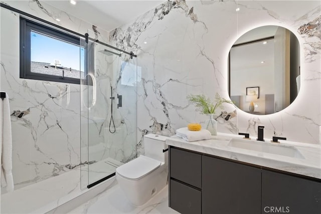 bathroom with a shower with door, tile walls, toilet, and vanity