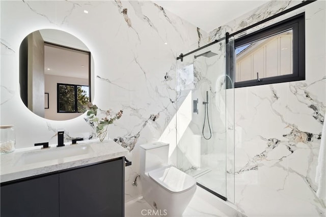 bathroom with a shower with door, toilet, and vanity