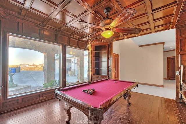 playroom with ceiling fan, pool table, coffered ceiling, and hardwood / wood-style floors