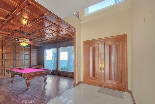 rec room with wooden ceiling, ceiling fan, coffered ceiling, and billiards