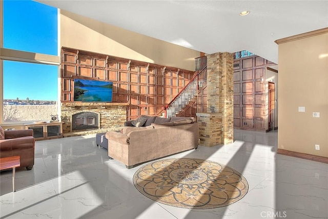 27008 Reef Ln, Helendale, CA 92342 - living area with marble tiled floors, stairway, a fireplace, and recessed lighting