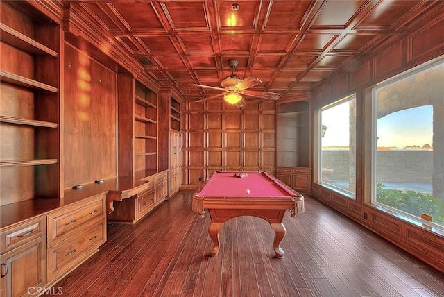 recreation room with ceiling fan, a wealth of natural light, built in features, and billiards