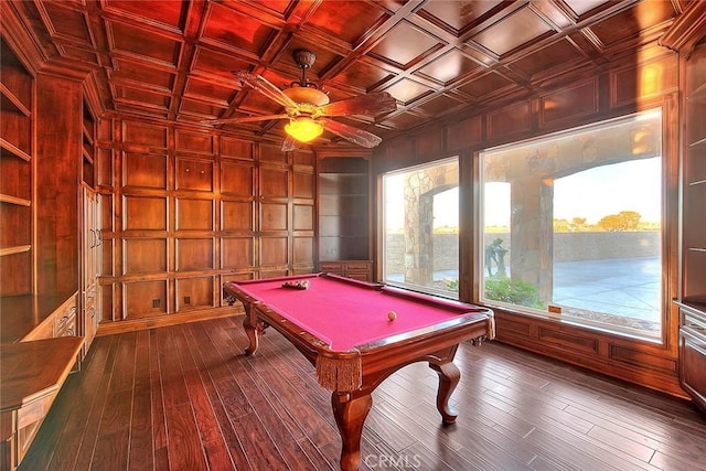 playroom with billiards, hardwood / wood-style floors, wooden walls, coffered ceiling, and wooden ceiling