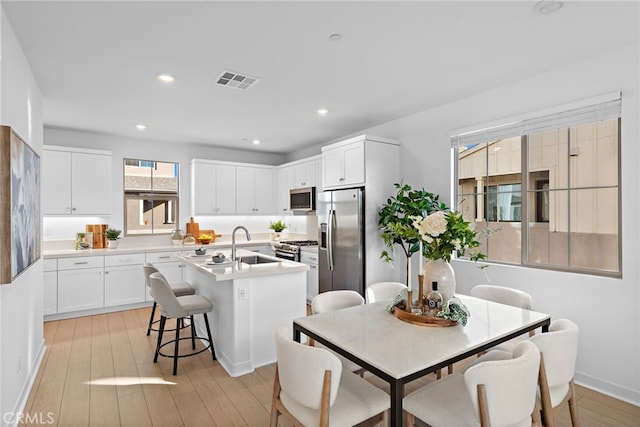 kitchen with white cabinetry, a breakfast bar, stainless steel appliances, and a center island with sink