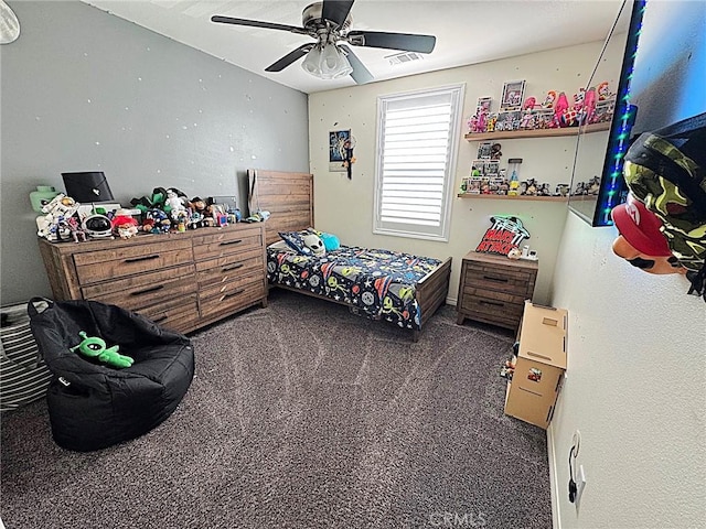 carpeted bedroom with ceiling fan