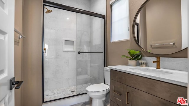 bathroom with toilet, a healthy amount of sunlight, an enclosed shower, and vanity