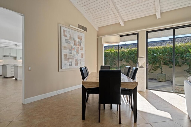 dining space with wooden ceiling, tile patterned floors, and lofted ceiling with beams