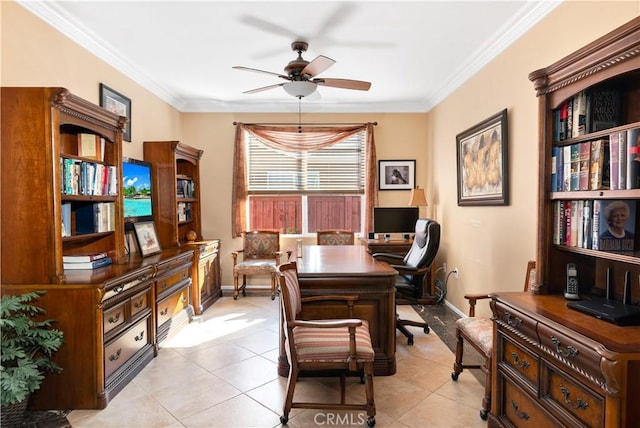 office area with light tile patterned floors, crown molding, and ceiling fan