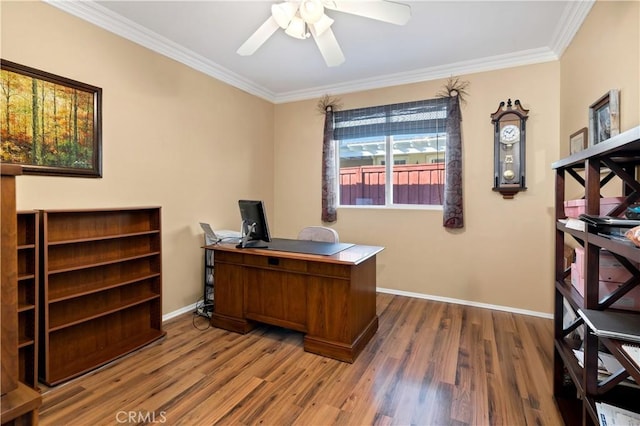 office space with ceiling fan, ornamental molding, and dark hardwood / wood-style floors