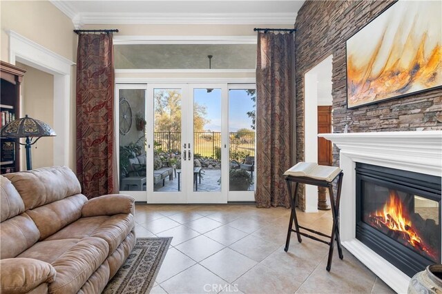 interior space with crown molding, light tile patterned flooring, and french doors