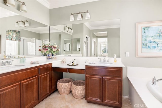 bathroom featuring vanity, separate shower and tub, and tile patterned flooring