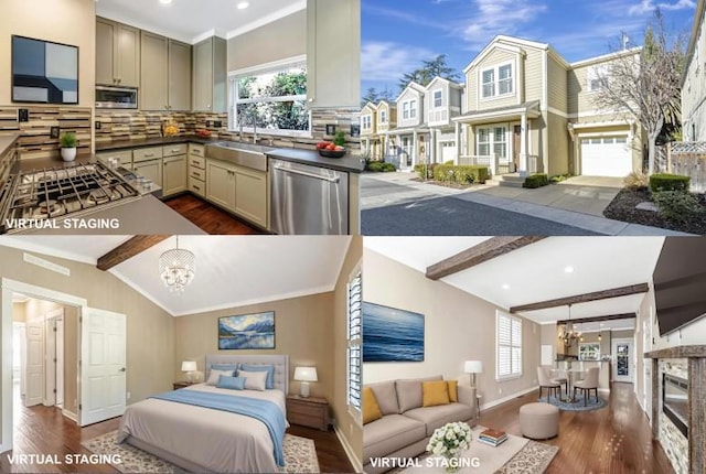 kitchen with appliances with stainless steel finishes, a healthy amount of sunlight, tasteful backsplash, sink, and an inviting chandelier