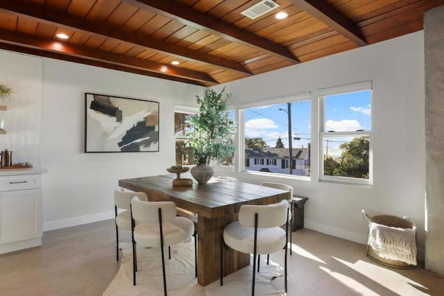 dining space featuring wood ceiling, beamed ceiling, and light wood-type flooring