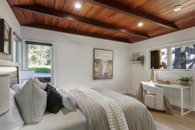 bedroom featuring light hardwood / wood-style flooring, wooden ceiling, and beamed ceiling