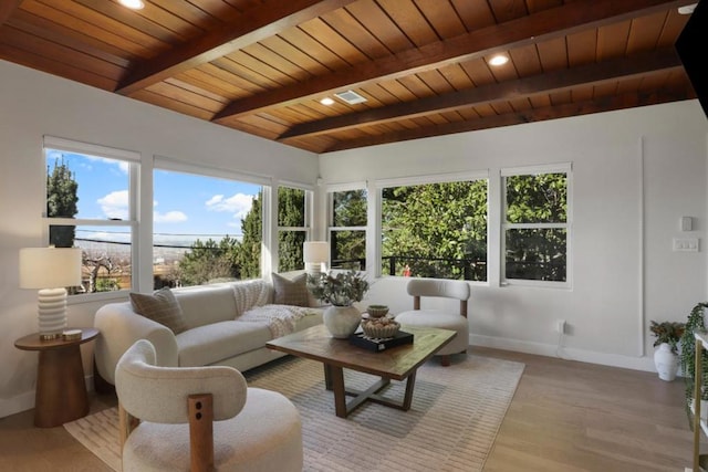 sunroom featuring wood ceiling, plenty of natural light, and beamed ceiling