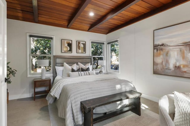 bedroom with multiple windows, wooden ceiling, and lofted ceiling with beams