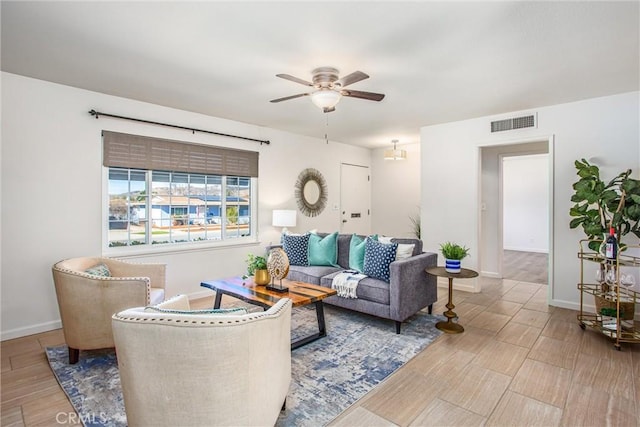 living room featuring ceiling fan