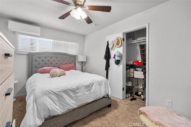 bedroom featuring a closet, a wall mounted AC, light colored carpet, and ceiling fan