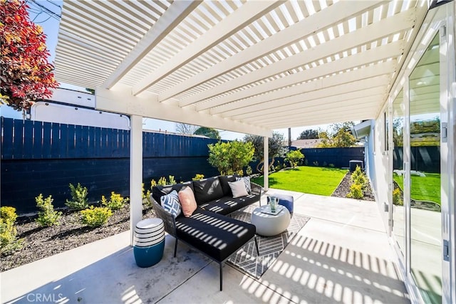 view of patio with an outdoor hangout area and a pergola