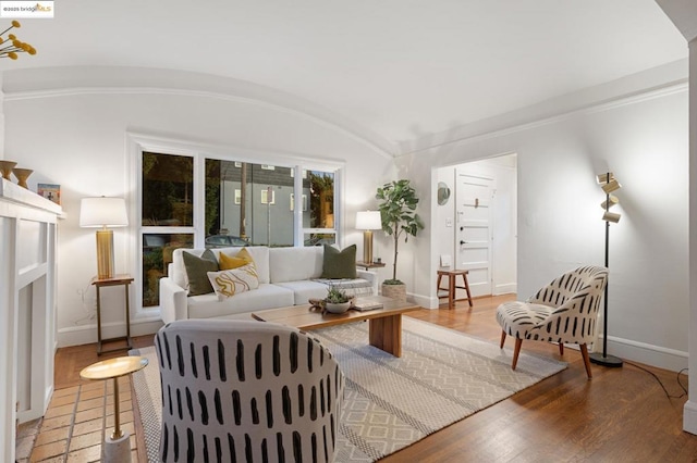 living room featuring wood-type flooring and vaulted ceiling