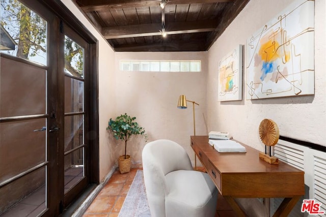 office space with wood ceiling and lofted ceiling with beams