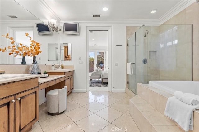 bathroom with vanity, tile patterned floors, ornamental molding, and shower with separate bathtub