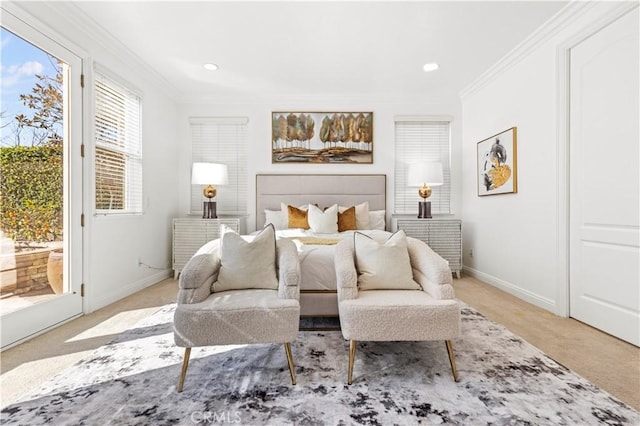 bedroom featuring access to exterior, light colored carpet, and ornamental molding