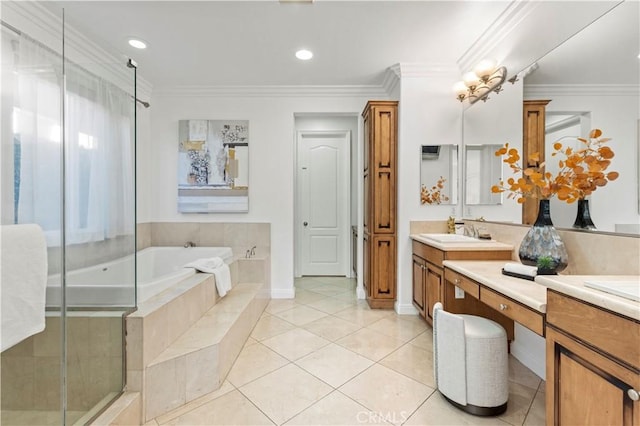 bathroom featuring plus walk in shower, vanity, ornamental molding, and tile patterned flooring