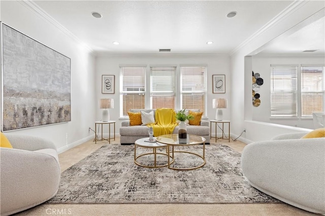 living room featuring crown molding