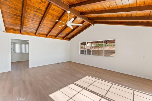 interior space featuring ceiling fan, wooden ceiling, wood-type flooring, and lofted ceiling with beams