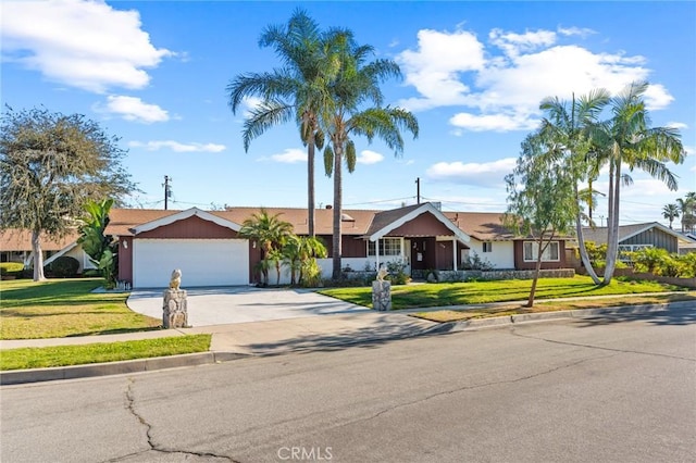 single story home featuring a front lawn and a garage