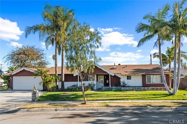 single story home with a garage and a front yard