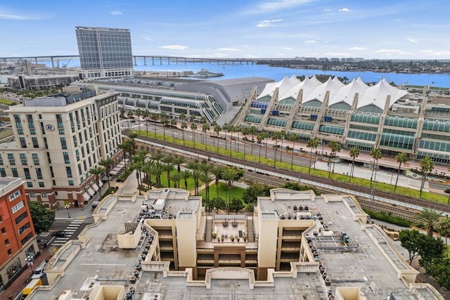 birds eye view of property featuring a water view